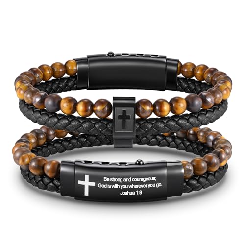 FLHEART Mens Christian Cross Bracelet Gifts for Men Double-Row Braided Leather Cross Cuff Bracelet Bible Verse Agate Onyx Beaded Bangle Cuff Gifts for Son Grandson Husband Boyfriend Brother