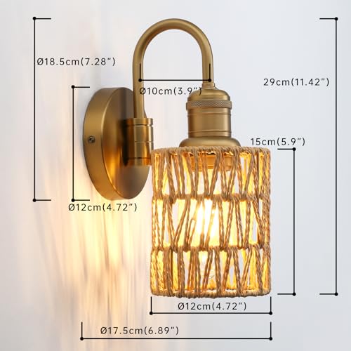 Image of Vintage Gooseneck Sconces Wall Decor Set of 2 with Rattan Shade, Boho Wall Sconces Set of Two Hardwired Wall Lamp Fixture for Living Room Bedroom Bedside Hallway
