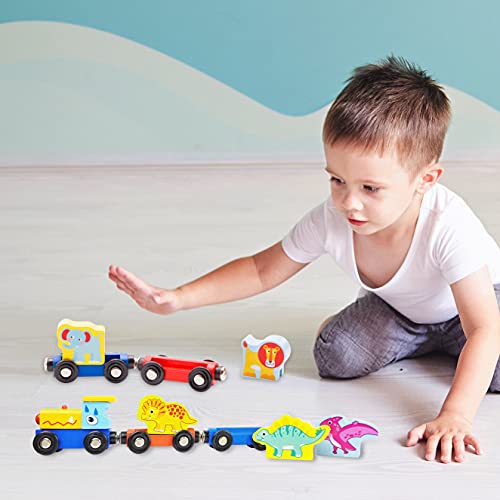 Wooden Trains Set (21 Pcs) With 3 Dinosaurs 3 Farm 3 Zoo Animals With Box And Cover - Train Toys Magnetic Set Toy Train Sets For Kids Toddler Gift Toy For 2 Year Old Boys And Girls And Up #TOP2