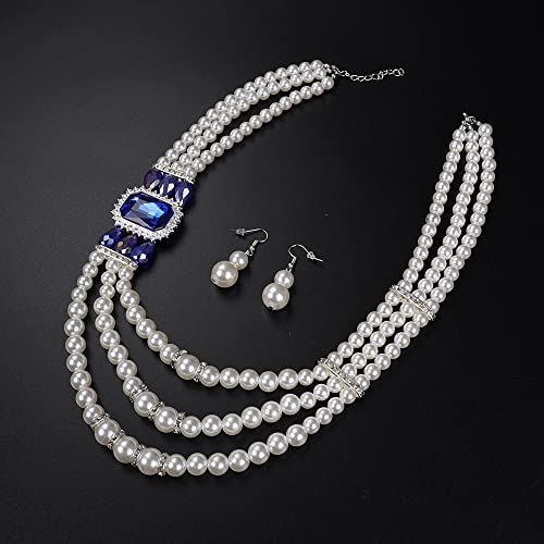 Aimimier 1920S 3-Strand White Faux Pearl Necklace And Earrings Set Royal Blue Crystal And Rhinestone Chunky Collar Bib Pearl Statement Necklace #TOP4