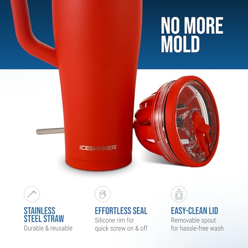Image of Ice Shaker 40 oz Tumbler with Handle and Straw | 40oz Red | Cold for 30+ Hours | 2-in-1 Tumbler Shaker Bottle | Odor-Free 40 ounce Bottle for Water, Protein Shakes, Smoothies, Cocktails