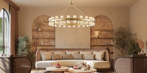 Image of 48 Inch Gold Wagon Wheel Chandelier with Crystal Shade, 48 Lights, Modern Farmhouse Style, Ideal for Dining Room, Kitchen, Entryways