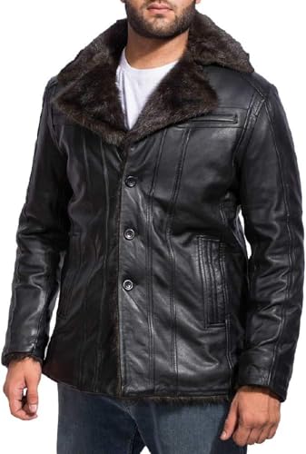 Men's Black Genuine Real Sheepskin Leather Jacket with Faux Fur Lining, Collar4