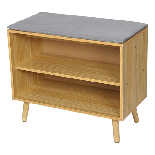 fvscgjmwp 60cm Rubber Wood Shoe Bench with Cushion, 2-Tier Shoe Storage Stool, Perfect for Home