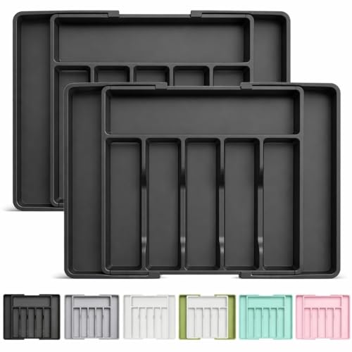 Image of Aroja Utensil Organizer for Kitchen Drawer, Expandable Cooking Silverware Tray, Adjustable Cutlery Flatware Holder, Plastic Spatula Tools Storage Divider (BLACK PACK OF 2)
