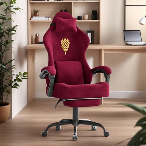 Image of Soontrans Red Velvet Fabric Gaming Chairs with Footrest, Ergonomic Comfortable Video Gamer Chair, Reclining Office Computer Desk Game Chairs with Massage Lumbar Cushion,Headrest for Adult