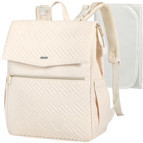 LANDICI Diaper Bag Backpack, Multifunction Waterproof Baby Diaper Bags with Changing Pad, Stroller Straps, Travel Essentials Stylish Back Pack for Mom Dad Boy Girls Toddler, Apricot