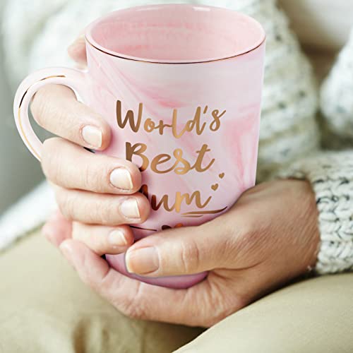 Joymaking World's Best Mum Pink Marble Ceramic Coffee Cup, 14Oz - Mum's Birthday & Mothers Day Gift from Daughter & Son