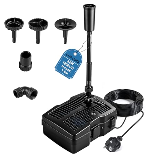 EXLECO 1000 L/h 24W Pompe pour Bassin de Jardin Extérieur avec Lampe UV Aquarium, Filtre avec 3 Têtes de Fontaine, Médias Filtrants, Raccords de Réglage Trois Voies,...