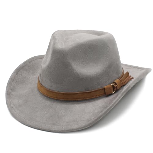 Image of Unisex Western Suede Cowboy Cowgirl Hat Classic Wide Brim Fedora Hat for Men &Women