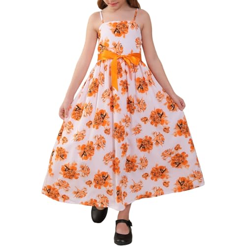 Vestido retro francés para niña, falda larga con tirantes florales, color liso, cárdigan suave de manga larga con bolsillo (naranja, 7-8 años)
