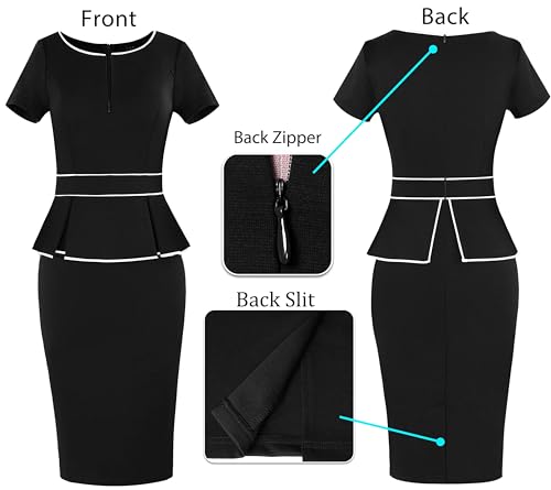 Image of VFSHOW Womens Work Business Office Front Zipper Peplum Bodycon Dresses Elegant Short Sleeve Slim Church Pencil Sheath Dress