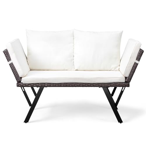 Outvita Outdoor Convertible Couch Sofa Bed, Woven Rattan Patio Furniture Daybed w/Adjustable Armrests, Removable Cushions and Pillows for Porch Pool Balcony