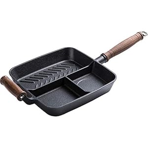 Cast Iron Grill Pan 3 Section Breakfast Skillet Frying Pan with 2 Assist Handle for Gas Stove & Induction Cooker