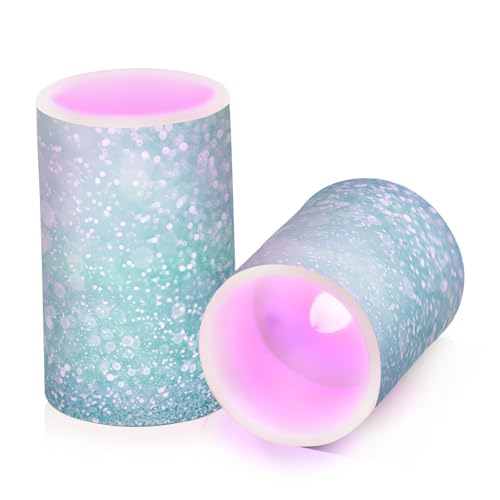 Image of Eionryn Turquoise Aqua Glitter Flameless Candles Teal Mint Sparkle Battery Operated LED Candles with Remote Timer Electric Candles for Home Party Decor 2pcs
