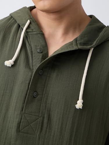 Image of The Souled Store Cotton Gauze Hoodie: Storm Men and Boys Full Sleeves Hooded Neck Olive Green Solid Textured Cotton Oversized Fit Double Cloth Everyday All-Season Hoodie