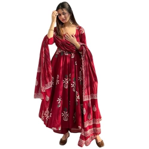 Image of ANNI Designer | Rayon Anarkali Printed Kurta Pant Dupatta Set | Stylish Cotton Kurti Set for Women | Ethnic Co-ord Suit Set with Dupatta Festive Kurta Sets for Women