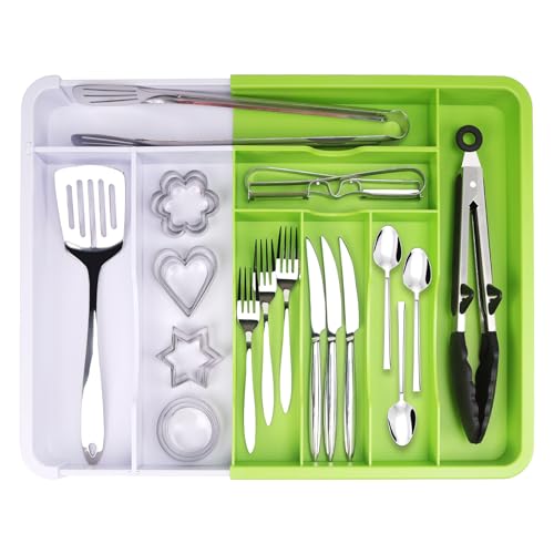 Expandable Silverware Drawer Organizer,Adjustable Plastic Utensil Tray for Kitchen,BPA Free Flatware and Cutlery Holder for Spoons Forks Knives, Large Versatile Kitchen Organizer, Green & White