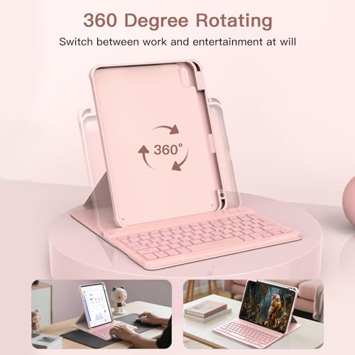 Image of RAYMCRAFT for iPad 11th(A16, 2025) /10th Generation Case with Keyboard, 360 Rotatable Case & Detachable Backlit Keyboard, Precision Cutouts and Pen Holder for iPad A16 11'' /10th 10.9'', Light Pink