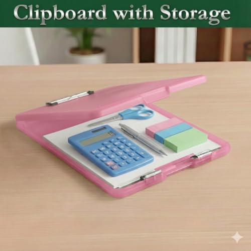 Image of Yajnas A4 Size Clipboard with Storage Box | 180 Foldable Exam Pad & Writing Board | Heavy Duty Plastic File Folder with Pen Holder & Paper Storage for Students, Office & Field Use (Pink)