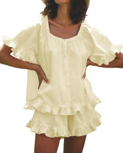 Image of Womens Fashion Summer Short Sets Short Sleeve Button Down Ruffle Trim Top and Shorts Cotton Pajama Sets