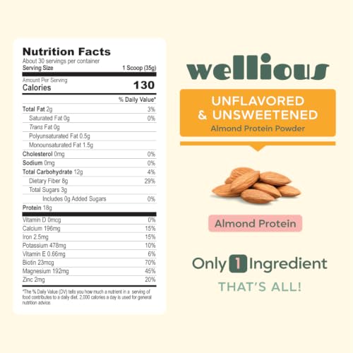 Image of wellious Almond Vegan Protein Powder, Unflavored, 18g Protein, Soy-Free, 36 oz
