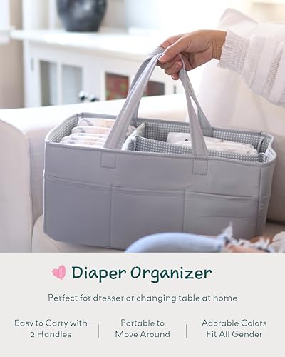 Image of Lily Miles Diaper Caddy Organizer with 8 Pockets, Wipeable Baby Caddy Basket for Diapers and Wipes, Baby Registry Favorites, Nursery Tote Bag for Changing Table or Car (Heather Grey, Large)