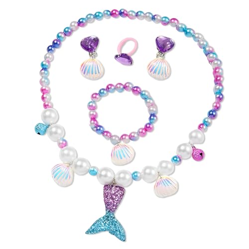5 Pezzi Set di Gioielli a Conchiglia, Bambina Della Principessa dei Set Gioielli Collana Braccialetto Orecchini Anelli, Bambini Principessa...