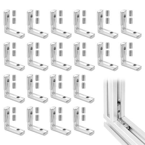 20 unidades de ranura en T, ángulo interior para perfil de aluminio 20 x 20, conector de esquina con ranura en T, con 40 tornillos, forma de L de 90° para conexiones estables en perfiles de aluminio