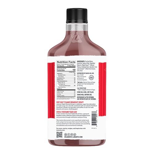 Lakanto Sugar Free Maple Syrup With Monk Fruit & Erythritol For Pancakes, Waffles, Oatmeal, Coffee, Tea, Granola, Frosting & Dressing, Zero Sugar, Keto, Vegan, Gluten Free, 1 G Net Carbs, 13 Fl Oz