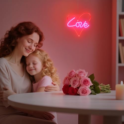 Image of Heart Neon Sign, Neon Light for Girl's Room Bedroom Party, Love Shaped Wall Decor with Dimmable LED Light, Romantic Birthday Mothers Day Wedding Anniversary Xmas Gift for Women Girlfriend Mom