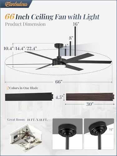 Image of Fanbulous 66 inch Outdoor Ceiling Fans with Lights, Dimmable 3CCT, Black