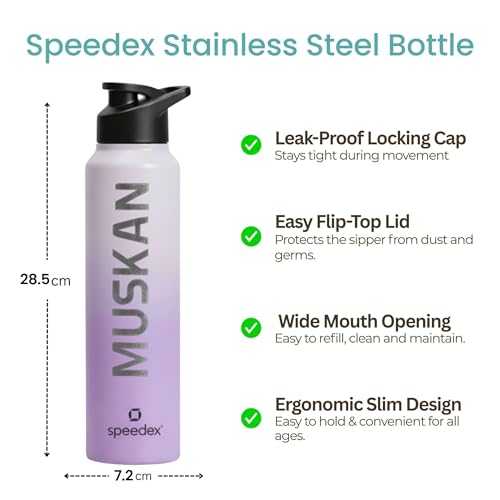 Image of Speedex Engraved Name Stainless Steel Sipper Water Bottle 1 Ltr - Customised Personalised Bottle for Kids & Adults, School, Gym, Sports, Black, Set of 1 (Dual Purple, Set Of 1)