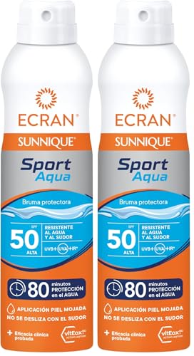 Ecran Sunnique Sport - Bruma Protectora Solar SFP 50 Piel Mojada, Protección Alta UVB, UVA, Refuerza las Defensas, Resistente al Agua, para Todo Tipo de Pieles- 250 ml (Paquete de 2)