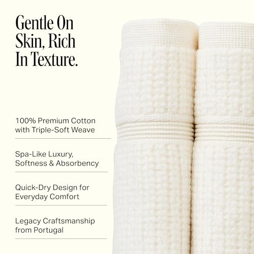 Image of Preston Lane Douro Washcloth Set - 2 Pack Luxury Cotton Towels, Ultra Soft & Absorbent, Quick-Dry Spa-Quality Bathroom Towels, Made in Portugal, Alabaster 12 x 12