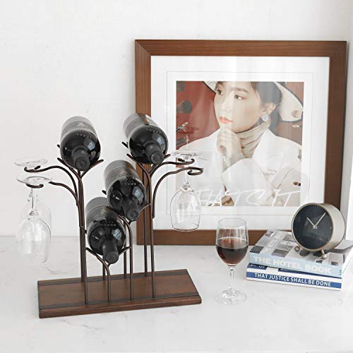 YCOCO Countertop Wine Rack,Hold 4 Bottles and 4 Glasses Wine Holder Storage Stand,Freestanding Wine Storage for Kitchen Home Bar Storage and Kitchen Decor,Bronze