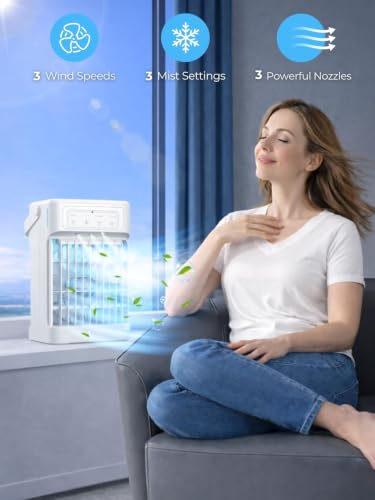 Portable Air Conditioners, 3 Speeds, 3 Mist Settings, 40oz XL Water Tank, 2~8h Timer & 7-color Ambient Lights, Air Conditioner Portable, Personal Small Mini Air Conditioner Air Cooler for Room Bedroom