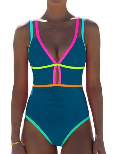 Image of popvil Women One Piece Swimsuit 2026 Tummy Control Sexy Cutout Neon Color Block Bathing Suit Slimming Adjustable Swimwear
