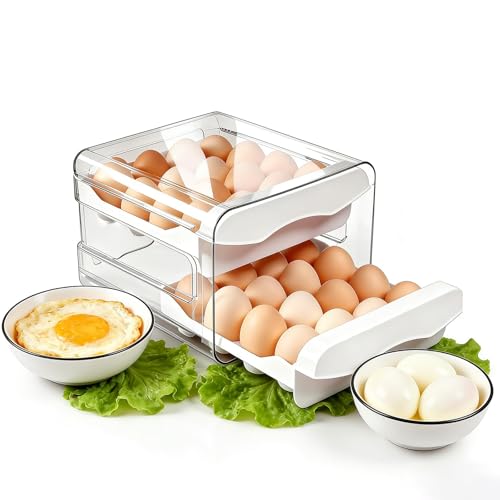 HASLED Boîte à œufs en Plastique Boîte à Oeufs Réfrigérateur - 32 Cases, Double Étage, Design Tiroir Transparent, en Plastique PP/PET, Rangement pour Cuisine, Restaurant, Pâtisserie