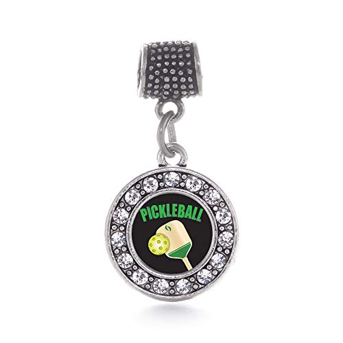 Pickleball Silver Circle Charm for Bracelet with Cubic Zirconia