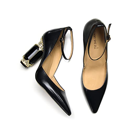 FSJ Women's Comfortable Block High Heels Pointed Toe Rhinestone Pumps Ankle Strap Leather Ladies Dress Shoes Size 4-15 US3