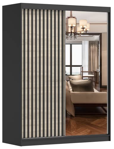 Fabryka Mebli Idźczak Kleiderschrank mit Spiegel, Lamellen, Schiebetüren - Schwebetürenschrank, Schlafzimmerschrank - 61 x 150 x 200 cm - Schrank für Schlafzimmer, Garderobe - Schwarz, Sonoma
