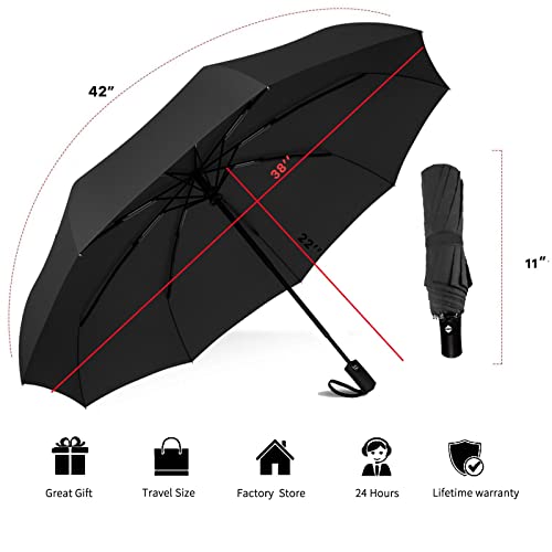 Siepasa Windproof Travel Compact Umbrella, 8-Ribs Anti-Uv Waterproof Folding Umbrella With Telfon Coating-One Button For Auto Open And Close. (Black) #TOP2