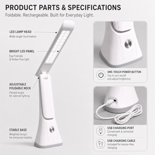 Image of One94Store Folding Desk Lamp | 1500mAh Battery, USB Rechargeable, 3-Level Brightness, 360 Bendable & Foldable | Portable LED Study Table Lamp for Reading, Students,Office & Home Use