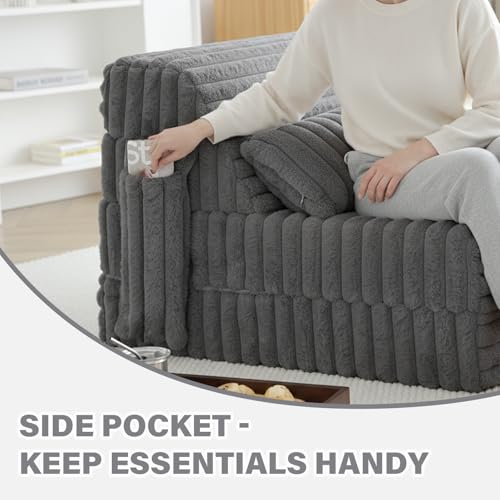 Image of Tiita Folding Sofa Bed Convertible Sleeper Chair Mattress with Pillow & Side Pocket, Thick Corduroy Floor Mattress Couch Bed, Single Size, Grey