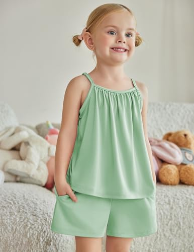 Image of Arshiner Toddler Kids Summer Clothes 2 Piece Tank Top and Shorts Set | Girl Summer Clothes 2 Piece Loose Spaghetti Strap Tank Top and Short Set Kids Clothing Sets with Pockets