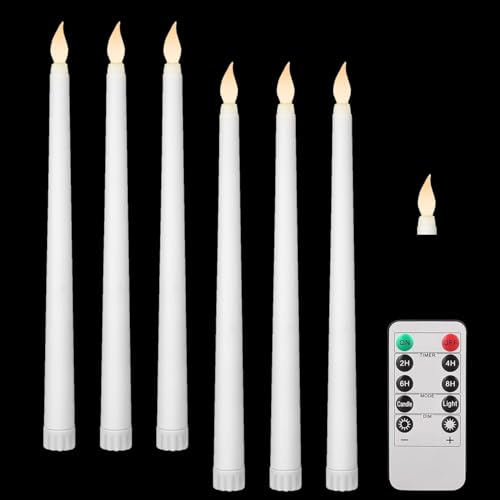 TheaPro LED Flameless Taper Candles Flickering with 10-Key Remote Battery Operated Window Candles Lights Set of 6 Warm 3D Wick Light for Christmas Diwali Home Wedding Decorations (Warm White)