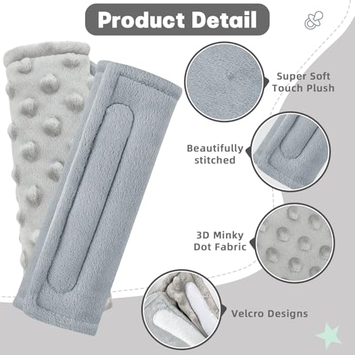 Image of GFU Car Seat Strap Pads for Baby, Soft Shoulder Pads for Comfort, Reversible Seatbelt Covers for Kids, Perfect for Baby Car Seat, Stroller, Swing, High Chair, Size: 6.5 x 6.5 inch, Grey