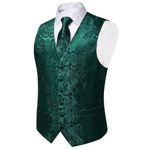 DiBanGu Mens Paisley Vest Tie Set with Lapel Pin Tie Clip 7PCS Silk Woven Necktie and V-Neck Suit Waistcoat for Tuxedo Party3