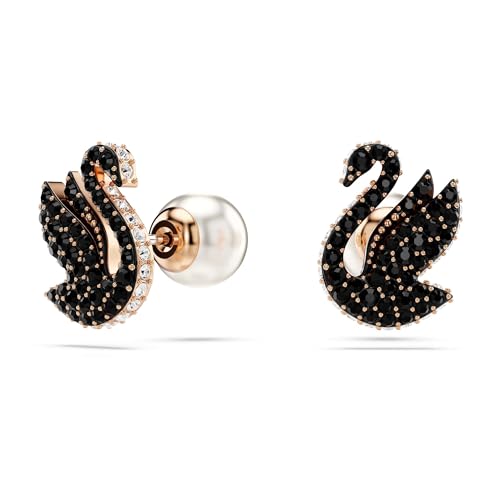 Swarovski Swan Ohrstecker, Schwarze und Rosé Vergoldete Ohrringe mit Schwan-Motiv und Strahlenden Swarovski Kristallen – Ansicht 2